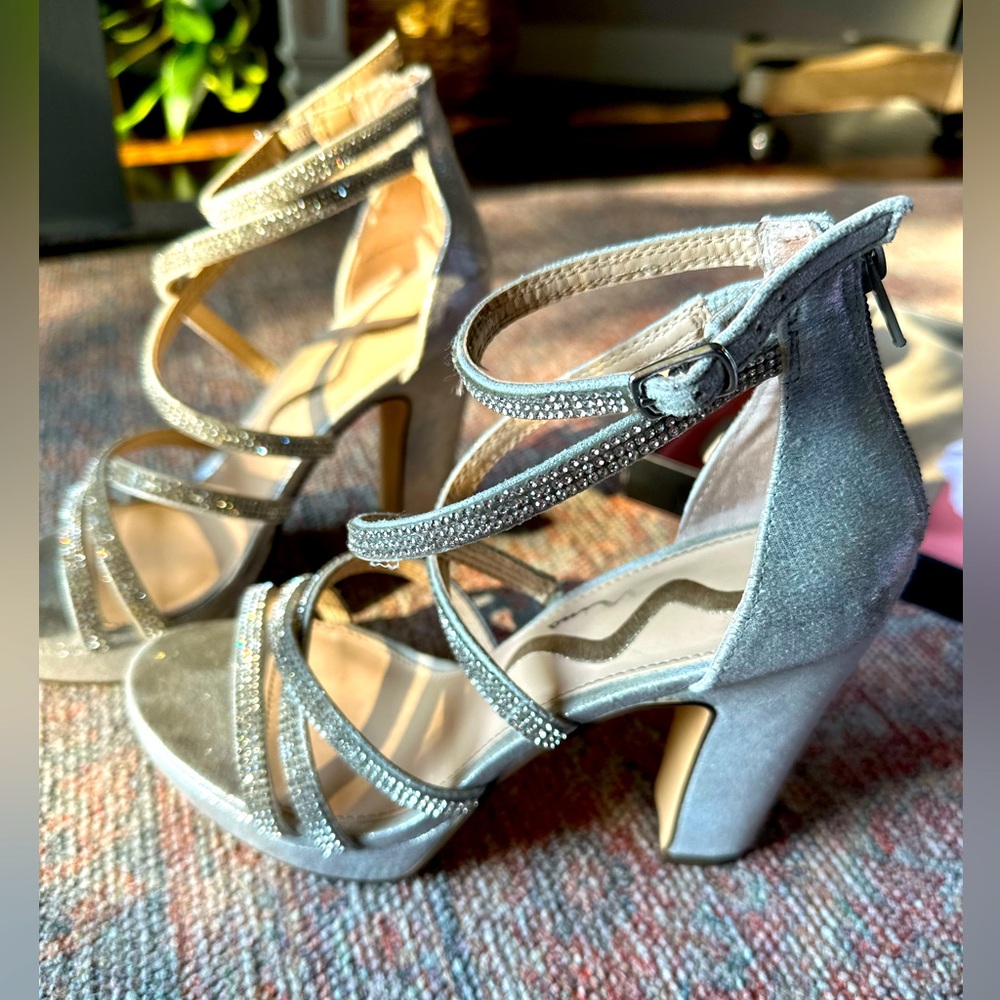 Nina 6.5 Silver with Strappy Rhinestone Block Heel